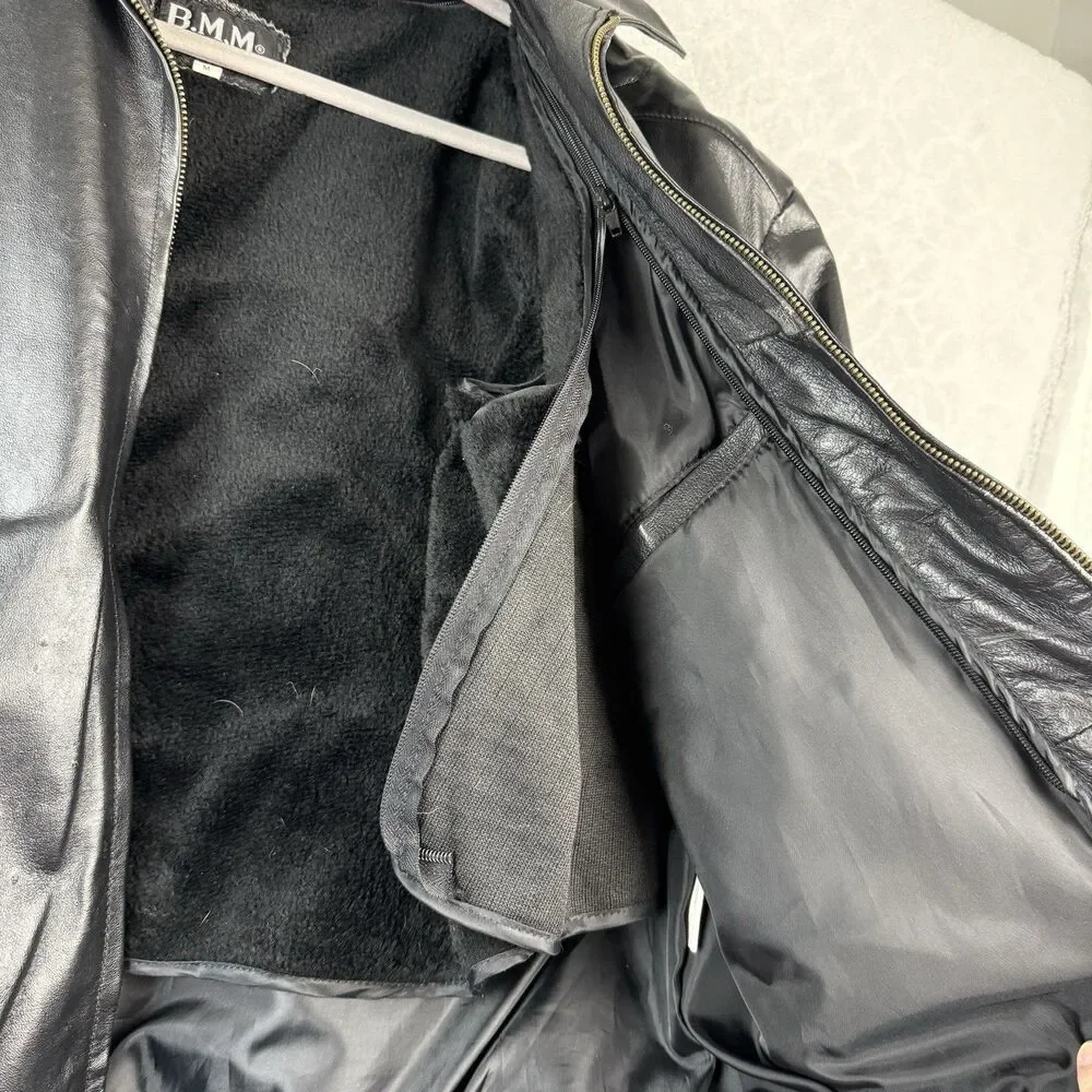 Vtg Leather Bomber Jacket Mens Medium Black USA Flag Biker Grunge Flight 80s 90s - Picture 9 of 14